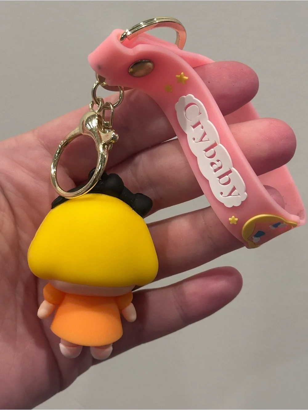 Crybaby Pink Kawaii Crying Girl PVC Keychain Wristlet Bag Charm Gold Tone NEW